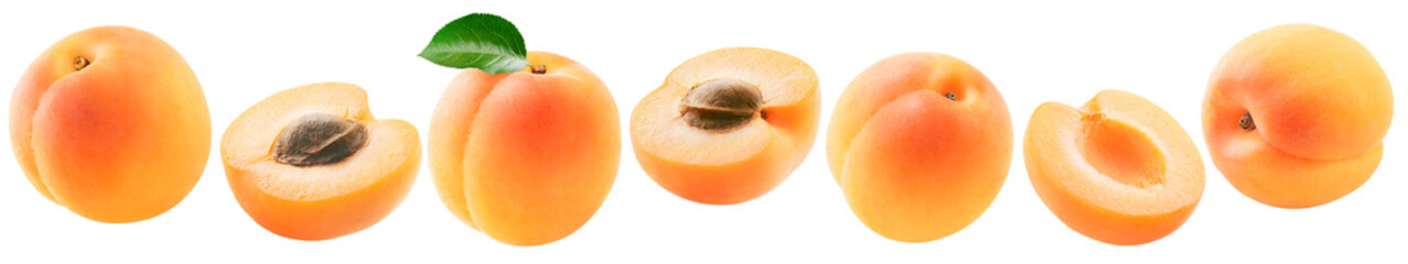 Fresh apricots set isolated on white background. Whole fruit, half pieces with and without pits.