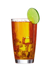 Long Island cocktail with ice cubes is contained in a highball glass with a lime circle on the rim and a straw. The showy illustrative picture is made on the white backdrop.