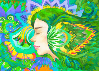 Dipinto acquerello verde bella donna meditazione yoga rilassamento