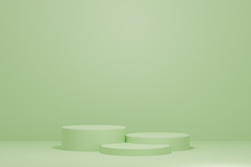 Mock up 3d rendered illustration with geometric shapes green podium top light platforms for cosmatic product presentation,minimal design with empty space. Abstract composition in modern style