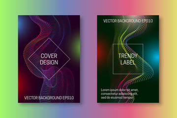 Quantum cover template with colourful flow of dots and lines. Futuristic brochures or packaging backgrounds design.