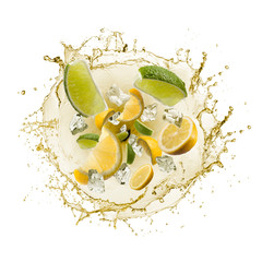 wave of splashing lemon juice with lemon slices and ice cube, isolated on white