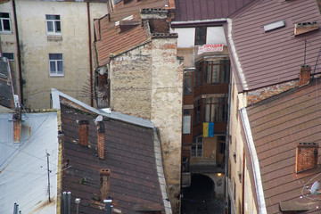 Lviv panorama. Aerial view on the old roof in centre of Lviv in Western Ukraine, with on the left the Uspensky church and on the right the Dominican church and the Town Hall