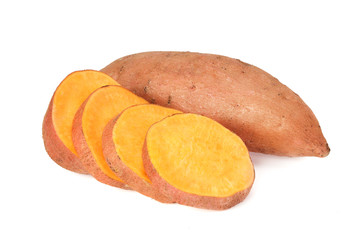 Sweet potatoes with slices isolated on a white background