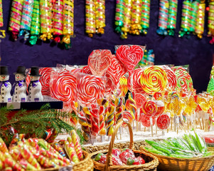 Stall with colorful candies in the Christmas Market Vilnius