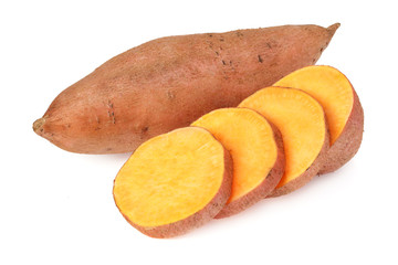 Sweet potatoes with slices isolated on a white background