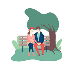 Couple in love sitting on bench in spring park. Vector cartoon flat illustration.