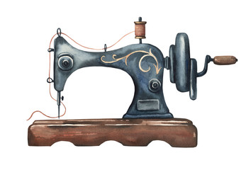 Watercolor vintage sewing machine. Black metall antique sewing machine. 