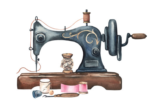Watercolor vintage sewing machine. Black metall antique sewing machine, thimble, thread, centimeter tape. 