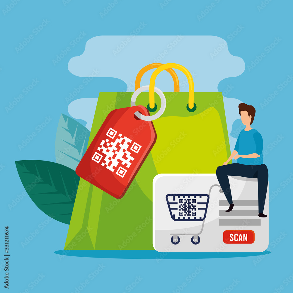Poster man with code qr and icons vector illustration design