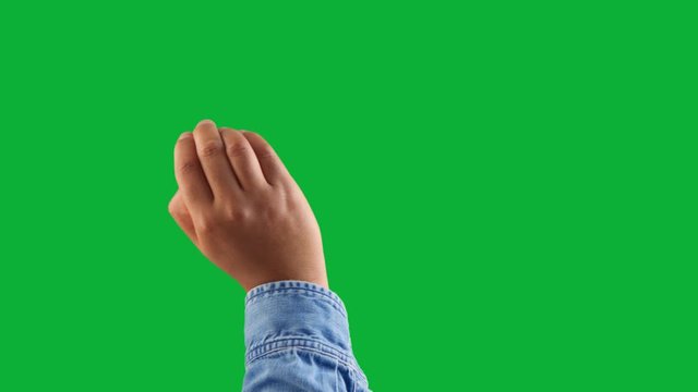 mixed race deep skin tone male hand makes a swipe to the right using all hand gesture on white. one click keyingon chromakey green background