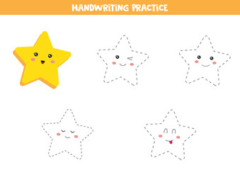 Handwriting practice for kids. Preschool worksheet. Smiling stars. Set of kawaii stars. Educational worksheet for kids.