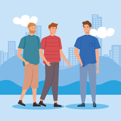 Obraz premium group of young men in cityscape vector illustration design