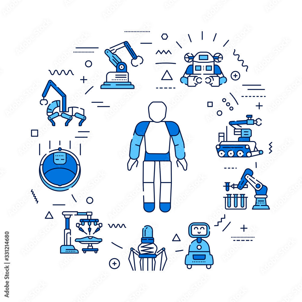 Poster robotics web banner. innovation in technology. assistants for people in different industries. infogr