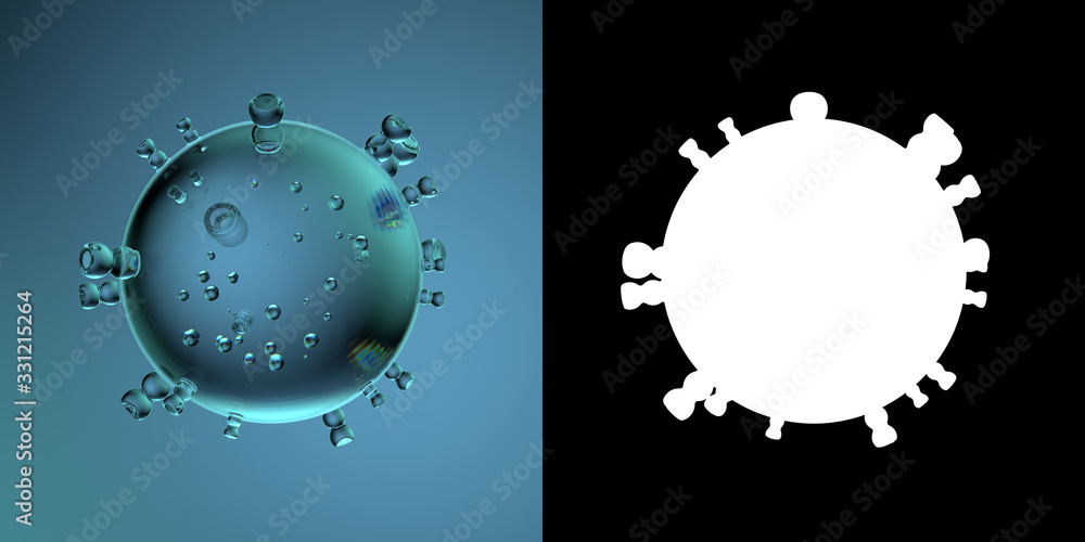 Poster 3d render of microbe model made of glass. virus or bacteria mesh. refractive material. white mask fo