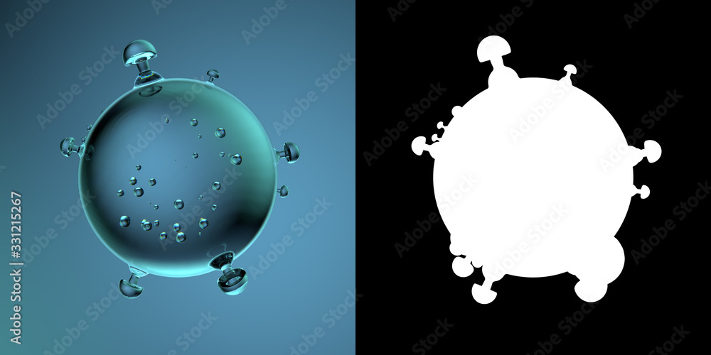 Poster 3d render of microbe model made of glass. virus or bacteria mesh. refractive material. white mask fo