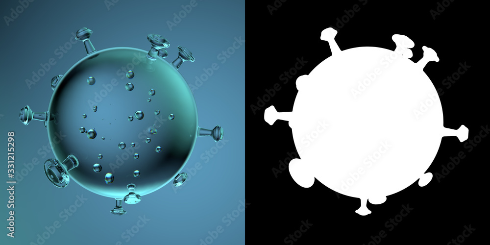Poster 3d render of microbe model made of glass. virus or bacteria mesh. refractive material. white mask fo