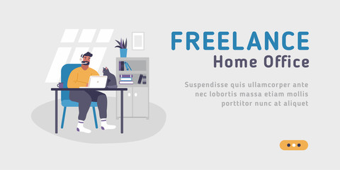 Web landing page template for freelance, work at home, online jobs and home office. Vector illustration on the grey background of young man sitting at desk with laptop.