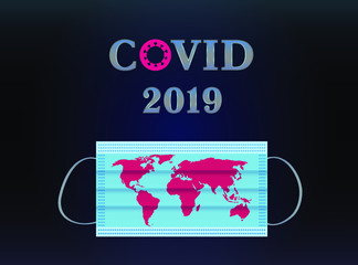 Vector medical mask with world map, corona virus, covid 2019, world in crisis