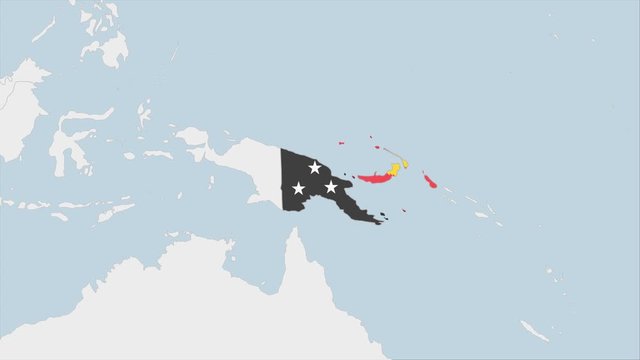 Papua New Guinea map highlighted in Papua New Guinea flag colors and pin of country capital Port Moresby.