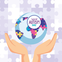 world autism day and world planet with hands vector illustration design