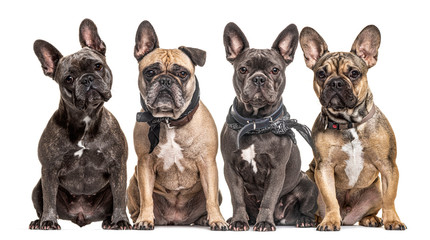 Many French bulldog in a row facing the camera, isolated
