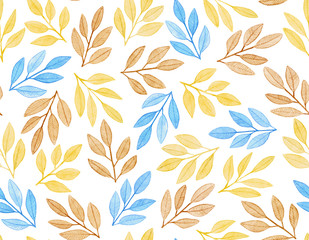 Watercolor illustration. Seamless pattern with delicate yellow, orange and blue twigs.