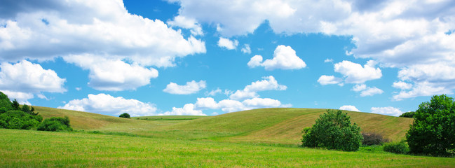 Summer field with blue sky and white big clouds.