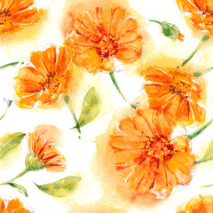 Seamless pattern with orange, hand-drawn watercolor flowers