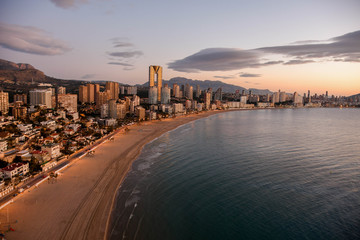 Skyline sunrise in Playa Poniente in Benidorm Costa Blanca with views on InTempo Building. 