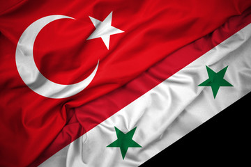 Turkey Syria Flags. Turkish involvement Syrian Civil War. Two green five pointed stars, white...