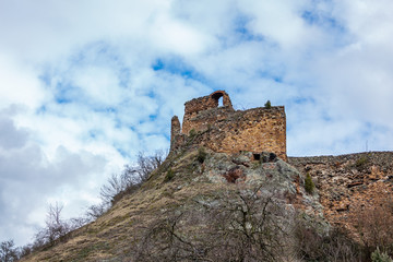 Streetview of the old Hungarian castle of F&uuml;lek. The medieval fortress on the edge of a former volcano in the center of the town of F&uuml;lek.