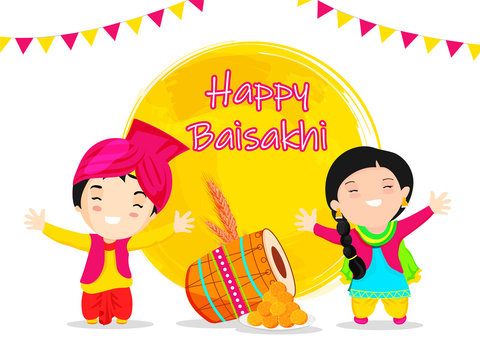 Cartoon Punjabi Kids Enjoying Or Dancing With Drum, Wheat Ear, Indian Sweet (Laddu) And Yellow Round Brush Stroke On White Background For Happy Baisakhi Celebration.