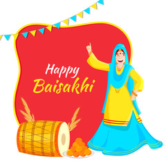 Happy Baisakhi Font with Punjabi Woman Dancing, Dhol, Wheat Ear and Indian Sweet (Laddu) on Red and White Background.