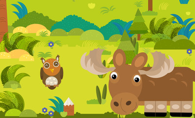 cartoon scene with different european animals in the forest illustration