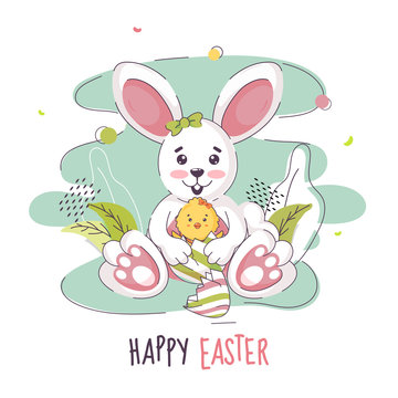 Cartoon Funny Rabbit holding Chick Bird in Broken Egg on Abstract Background for Happy Easter Celebration.
