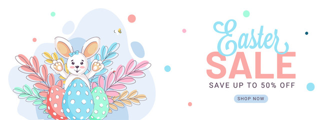 UP TO 50% Off for Easter Sale Header or Banner Design with Cartoon Bunny, Painted Eggs and Leaves.