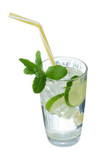 Mojito cocktail with ice cubes is contained in a highball glass with a straw, lime slices and a sprig of mint. The showy illustrative picture is made on the white background.