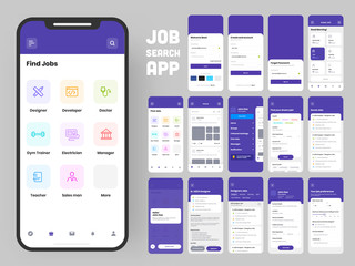 Job Search App UI Kit for Responsive Web Template with Different Application Layout Including Create Account, Job Vacancy, Preference and User Recruitment. - obrazy, fototapety, plakaty