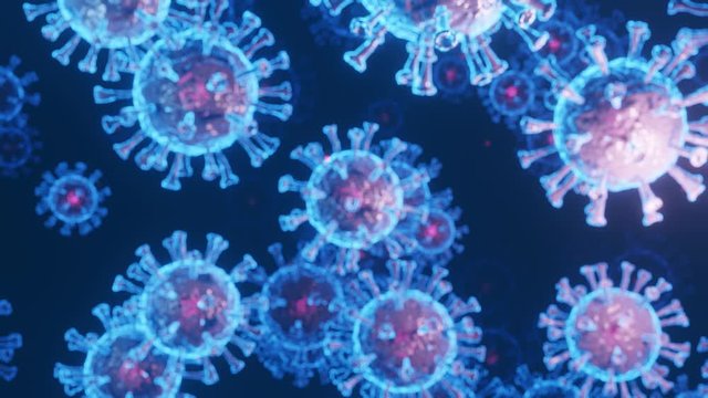 Viruses, Virus Cells under microscope, floating in fluid with dark blue background. Pathogens outbreak bacterium and virus, disease causing microorganisms. COVID-19. Coronavirus. 3D looped animation