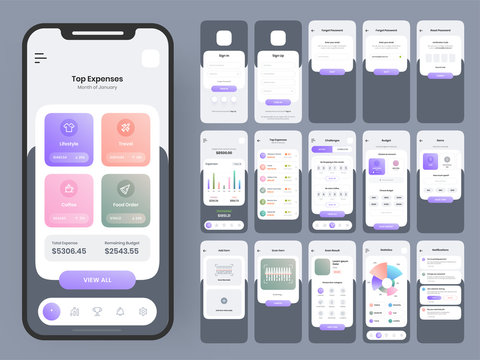 Mobile App Ui Kits with Different GUI Layout Including Sign in, Sign Up, Forgot, Reset Password, Top Expenses and Trading Screens.