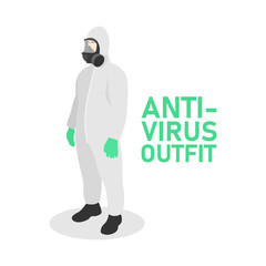 Man wearing antivirus outfit. Anti virus suit. Hazmat costume. COVID-19 Coronavirus quarantine. Corona lockdown. Medical team. Contagious disease epidemic or pandemic - Simple flat vector illustration