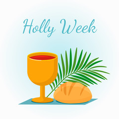 greeting card with bread, a thorny wreath, a palm branch and a bowl for refraction.