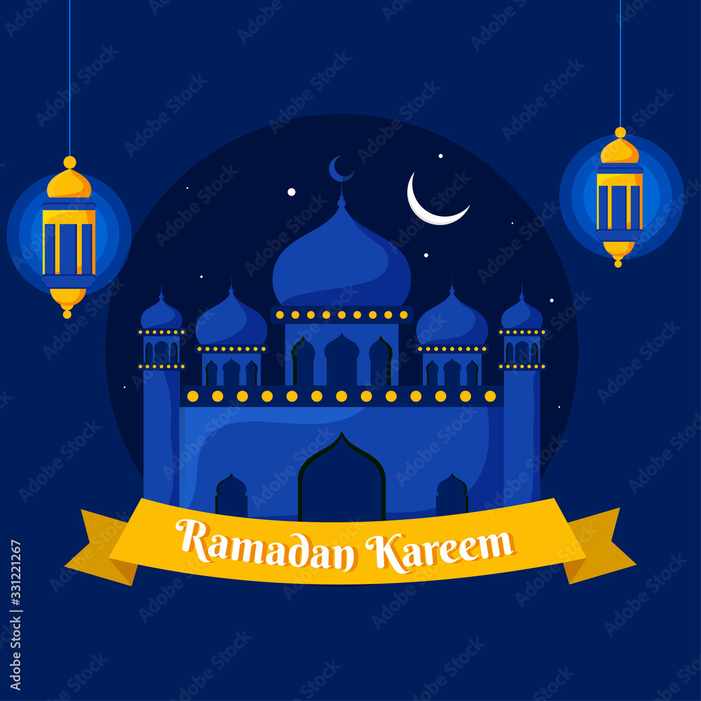 Sticker Ramadan Kareem Font in Yellow Ribbon with Mosque, Crescent Moon and Hanging Illuminated Lanterns on Blue Background.