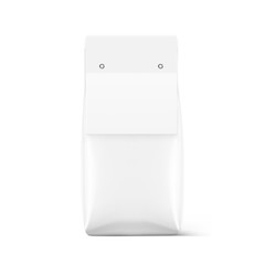 Transparent bag package with cardboard valve. Vector illustration isolated on white background. Mockup ready for your design, promo, adv. EPS10.	