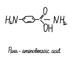 Black doodle chemistry formula  para-aminobenzoic acid. Education - chemistry icon. Science technology. Graphics sketch. Scientific background. Chemistry concept. Microbiology concept. 