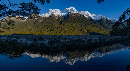 Panorama of Mirror Lakes at Fiordland National Park in New Zealand
