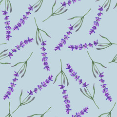 Twigs of purple lavender watercolor isolated on a gray background. Botanical illustration. Seamless pattern, takna print, wrapping paper.