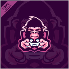Gorilla Gamer holding Game-pad Joystick. Mascot logo design modern illustration concept style for badge, emblem, tshirt printing. Gamer illustration for esport team. Scalable and editable Vector.