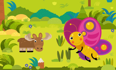 cartoon scene with different european animals in the forest illustration